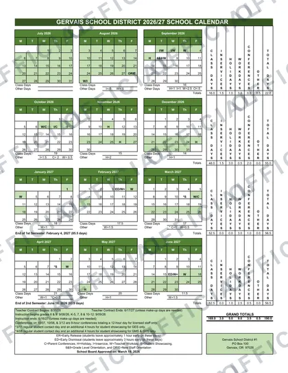 Gervais School District 2026-27 calendar