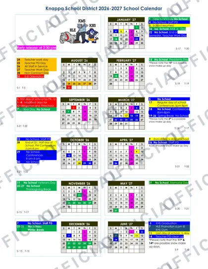 Knappa School District 2026-27 calendar