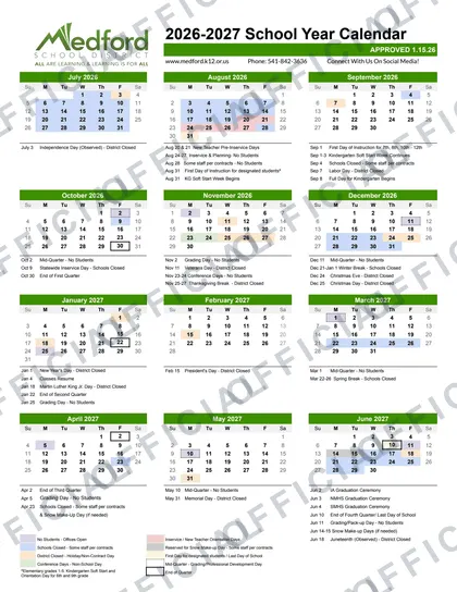 Medford School District 2026-27 calendar