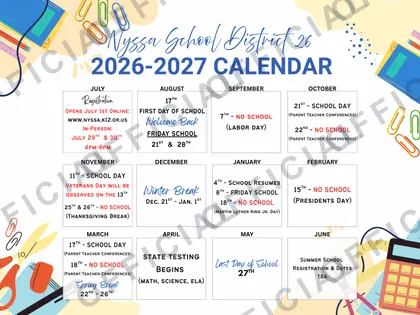 Nyssa School District 26 2026-27 calendar