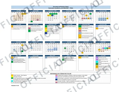 Phoenix Talent Schools 2026-27 calendar