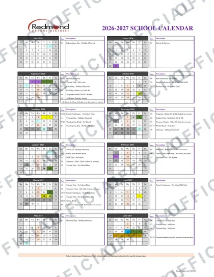 Redmond School District 2026-27 calendar