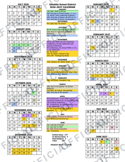 Umatilla School District 2026-27 calendar