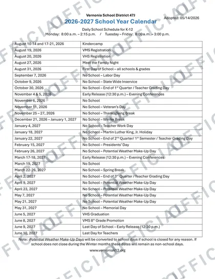 Vernonia School District 47J 2026-27 calendar