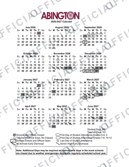 Abington School District 2026-27 calendar