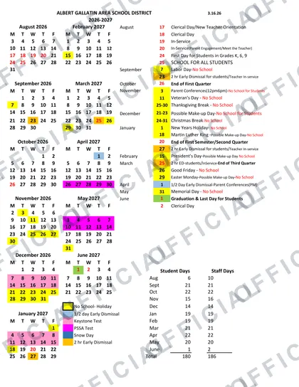 ALBERT GALLATIN AREA SCHOOL DISTRICT 2026-27 calendar