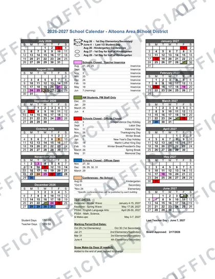 Altoona Area School District 2026-27 calendar
