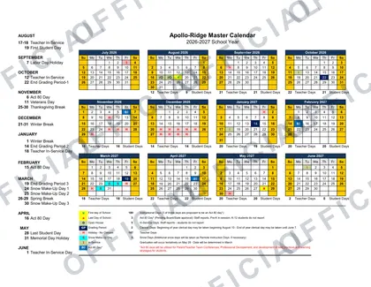 Apollo-Ridge Master 2026-27 calendar