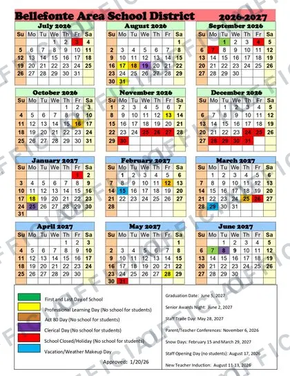 Bellefonte Area School District 2026-27 calendar