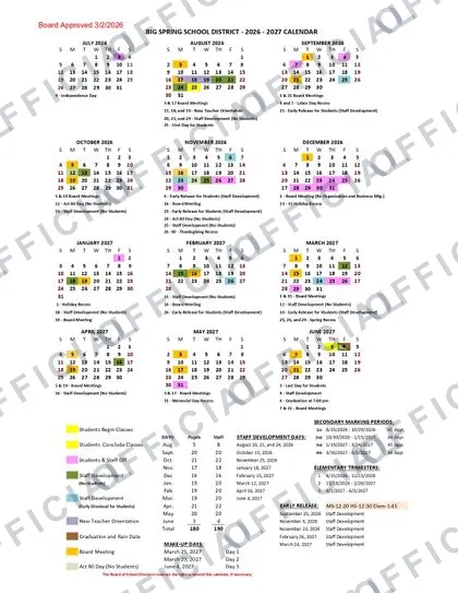 BIG SPRING SCHOOL DISTRICT 2026-27 calendar
