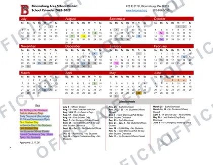 Bloomsburg Area School District 2026-27 calendar