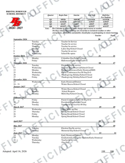 Bristol Borough School District 2026-27 calendar