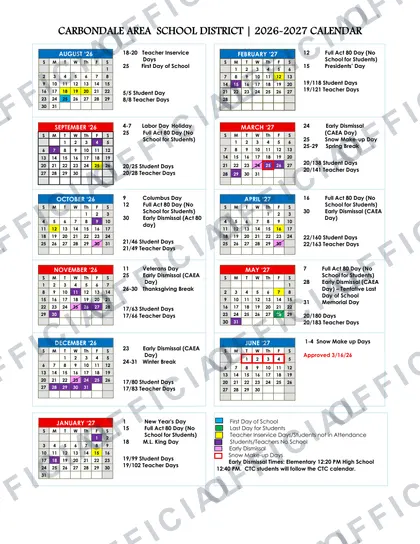 Carbondale Area School District 2026-27 calendar