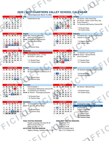 CHARTIERS VALLEY SCHOOL 2026-27 calendar