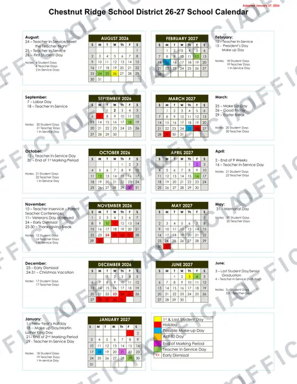 Chestnut Ridge School District 2026-27 calendar