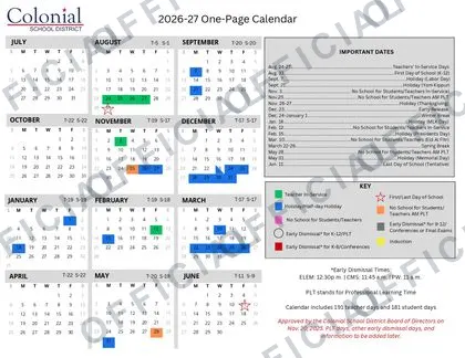 Colonial School District 2026-27 calendar