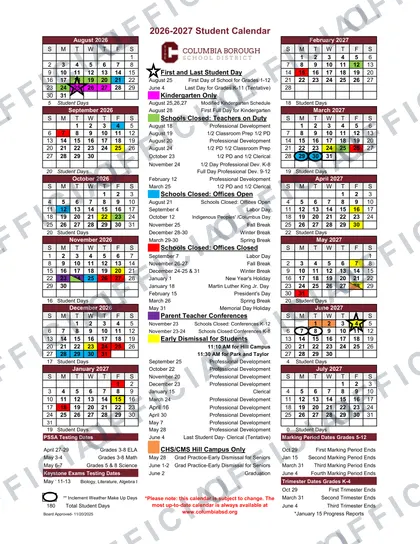 Columbia Borough School District 2026-27 calendar