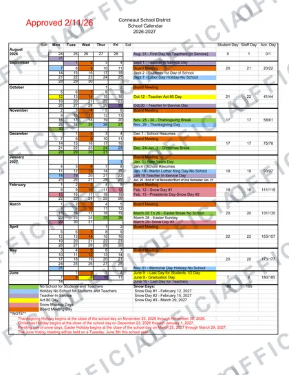 Conneaut School District 2026-27 calendar