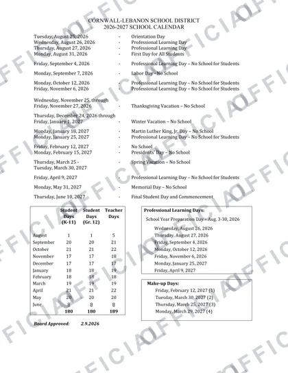 CORNWALL-LEBANON SCHOOL DISTRICT 2026-27 calendar