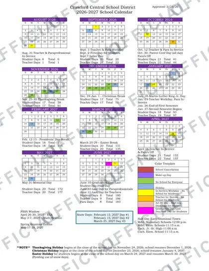 Crawford Central School District 2026-27 calendar