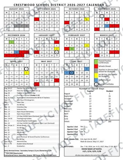 Crestwood School District 2026-27 calendar