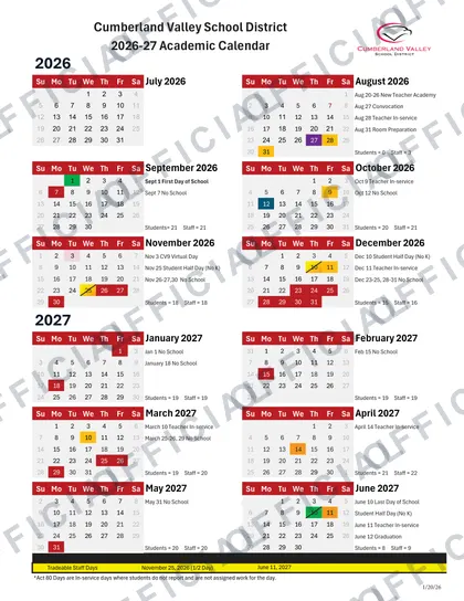 Cumberland Valley School District 2026-27 calendar