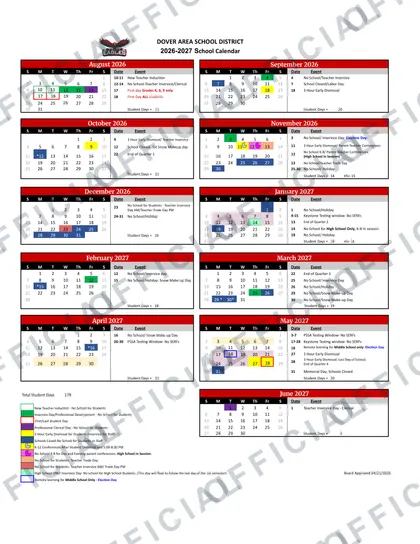 DOVER AREA SCHOOL DISTRICT 2026-27 calendar