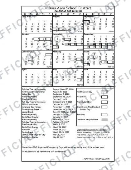 DuBois Area School District 2026-27 calendar