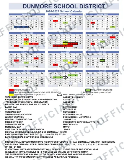 Dunmore School District 2026-27 calendar