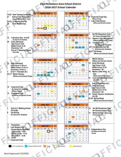 East Pennsboro Area School District 2026-27 calendar