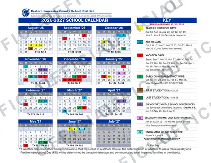 Eastern Lancaster County School District 2026-27 calendar