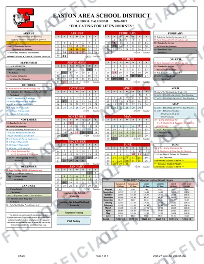 Easton Area School District 2026-27 calendar