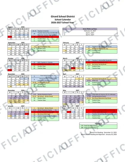 Girard School District 2026-27 calendar