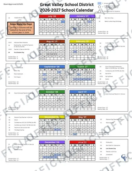 Great Valley School District 2026-27 calendar