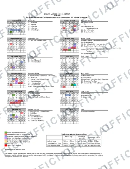 GREATER LATROBE SCHOOL DISTRICT 2026-27 calendar