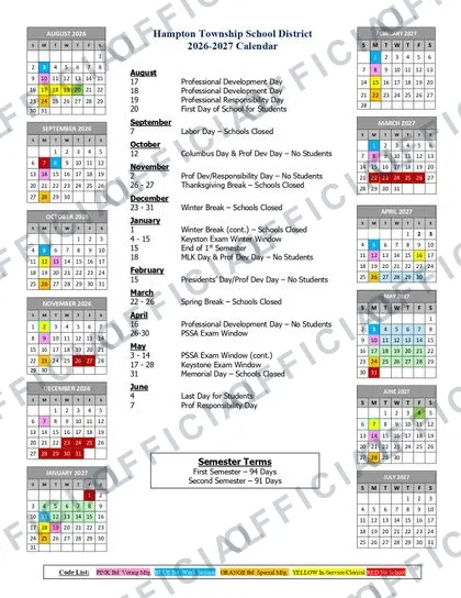 Hampton Township School District 2026-27 calendar