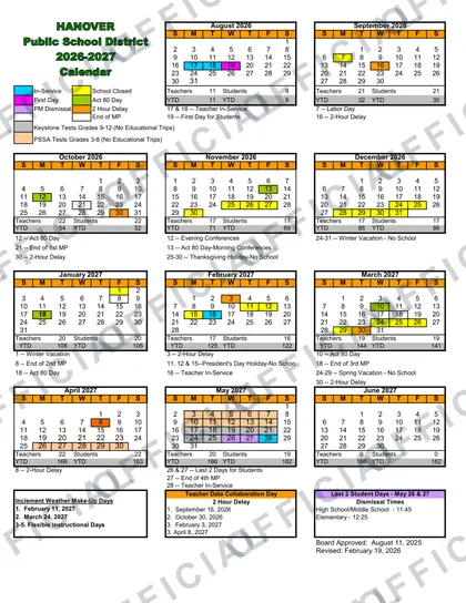 Hanover Public School District 2026-27 calendar