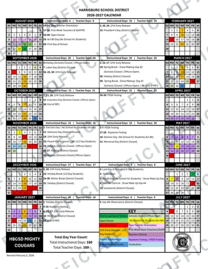 Harrisburg School District 2026-27 calendar