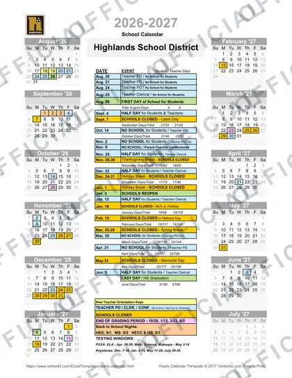 Highlands School District 2026-27 calendar