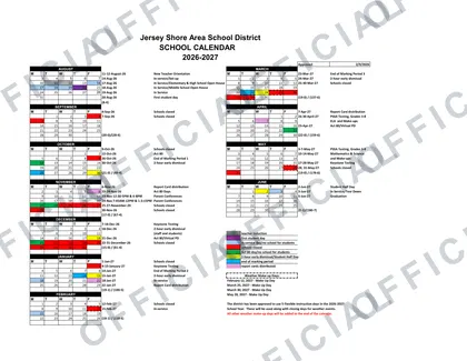Jersey Shore Area School District 2026-27 calendar