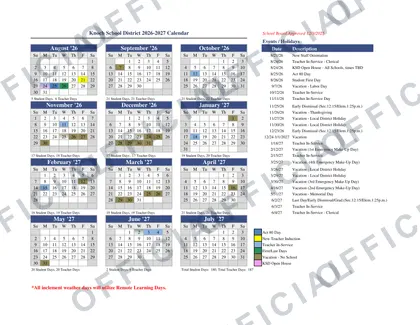 Knoch School District 2026-27 calendar