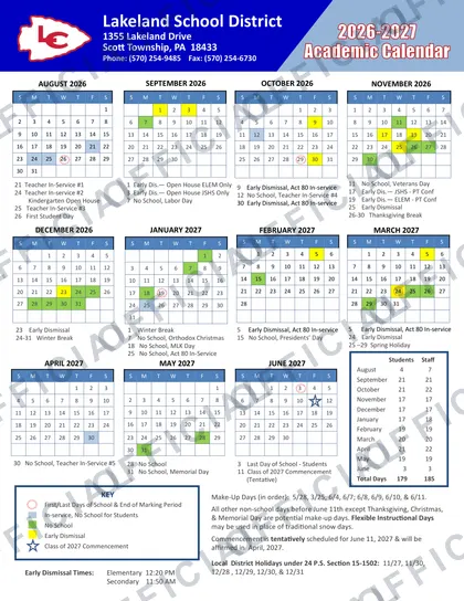 Lakeland School District 2026-27 calendar