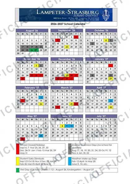 Lampeter-Strasburg School District 2026-27 calendar