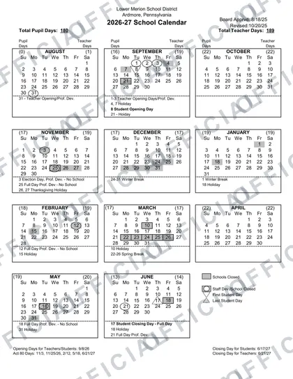 Lower Merion School District 2026-27 calendar