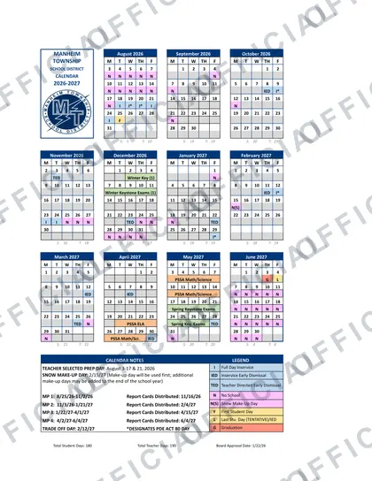 Manheim Township School District 2026-27 calendar