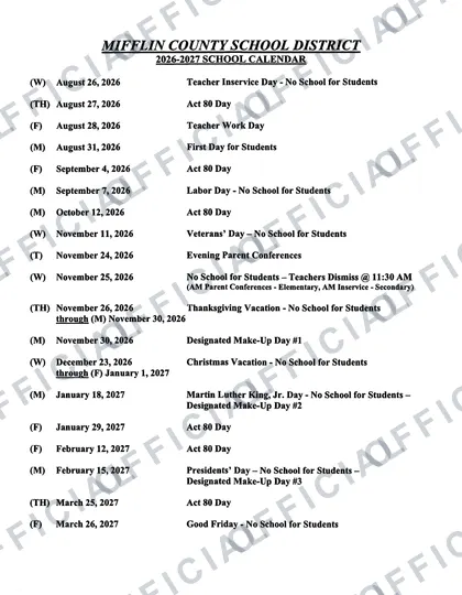 MIFFLIN COUNTY SCHOOL DISTRICT 2026-27 calendar