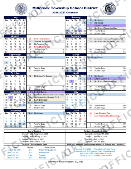 Millcreek Township School District 2026-27 calendar