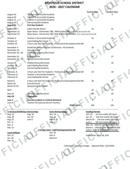 Montour School District 2026-27 calendar