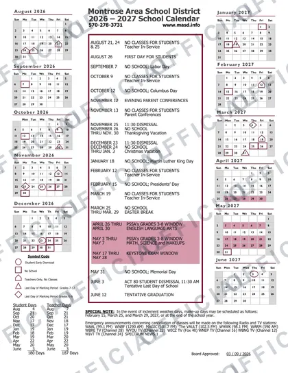 Montrose Area School District 2026-27 calendar