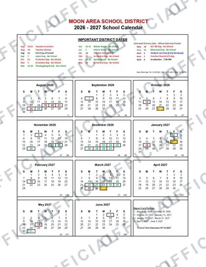 Moon Area School District 2026-27 calendar